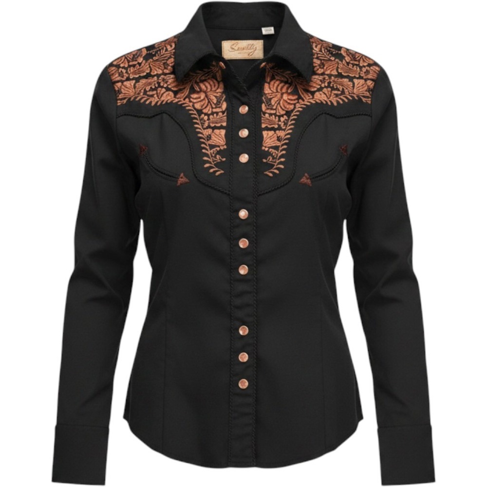 Scully Womens Western Shirt Black Copper Floral Embroidered Snap Front Cowgirl
